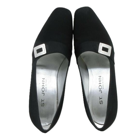 St. John Black Fabric Square Crystal Accent Italian Pumps 7 - Picture 3 of 8